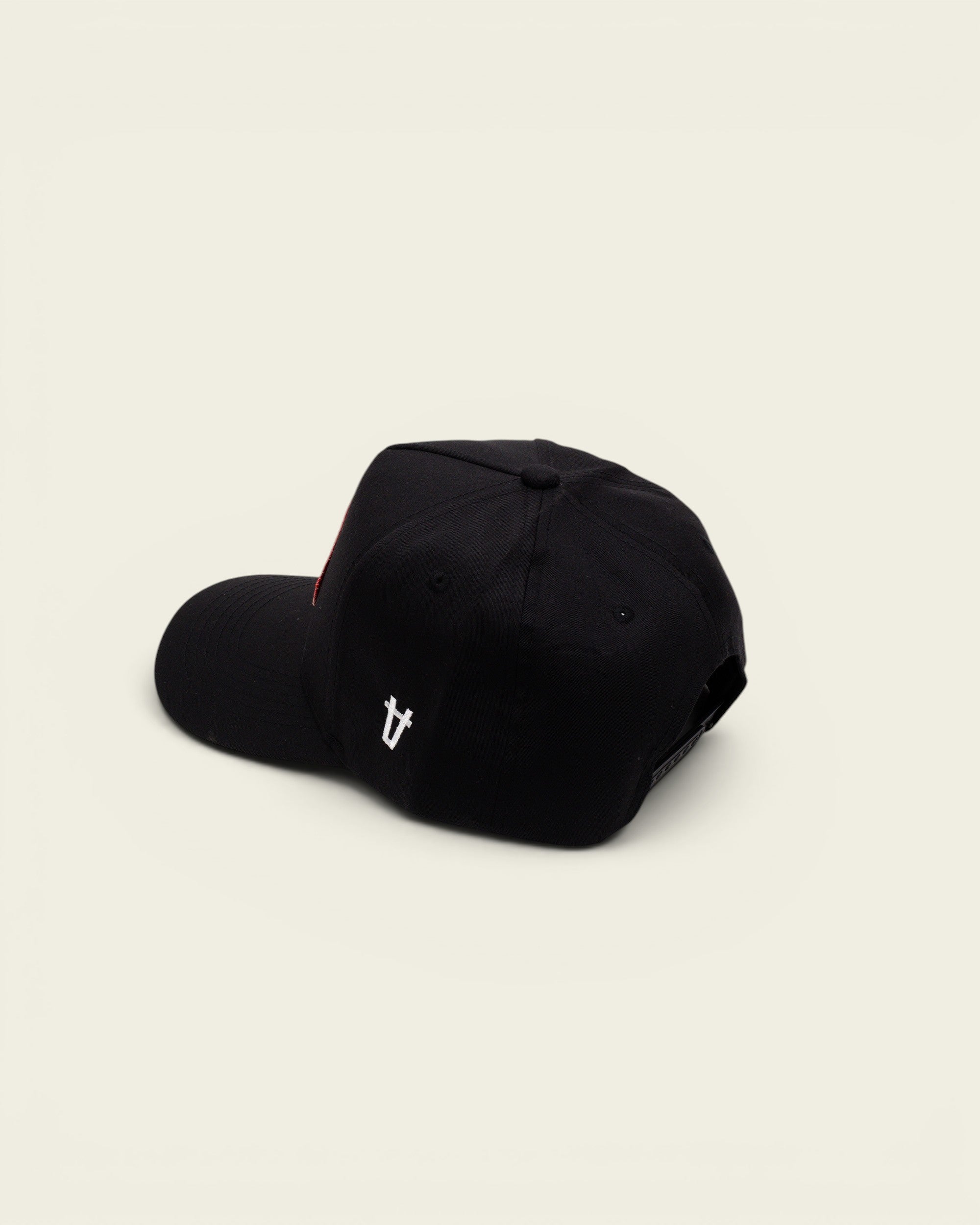 Ayredale Ranch & Co black baseball cap with a red front patch and white side logo embroidery