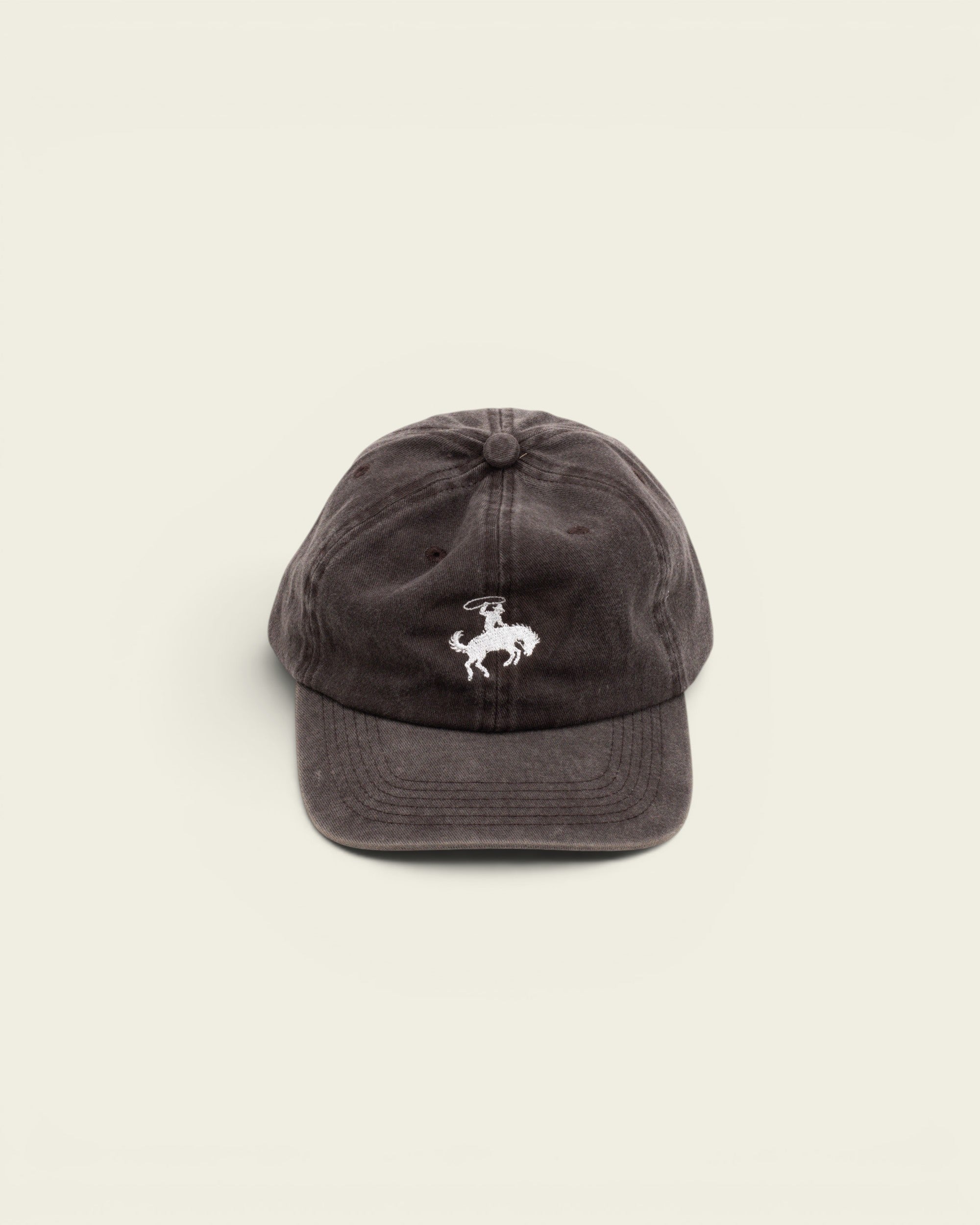 Ayredale Ranch & Co Bucking Dad grey baseball cap with white embroidered cowboy logo on a washed cotton fabric.