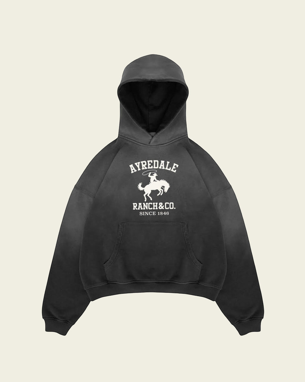 Ayredale Ranch & Co. black heavyweight fleece hoodie with a white collegiate graphic and kangaroo pocket.