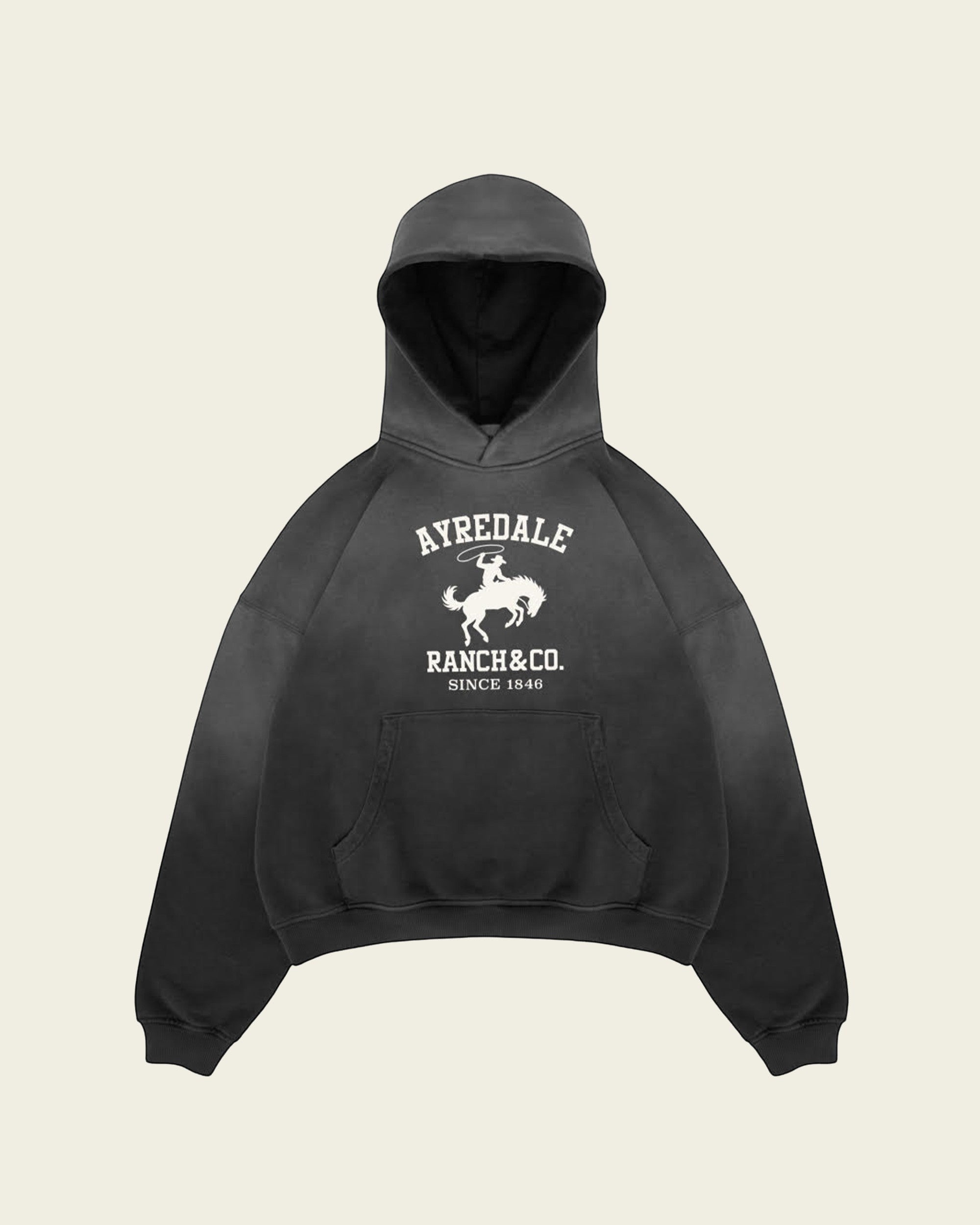 Ayredale Ranch & Co. black heavyweight fleece hoodie with a white collegiate graphic and kangaroo pocket.