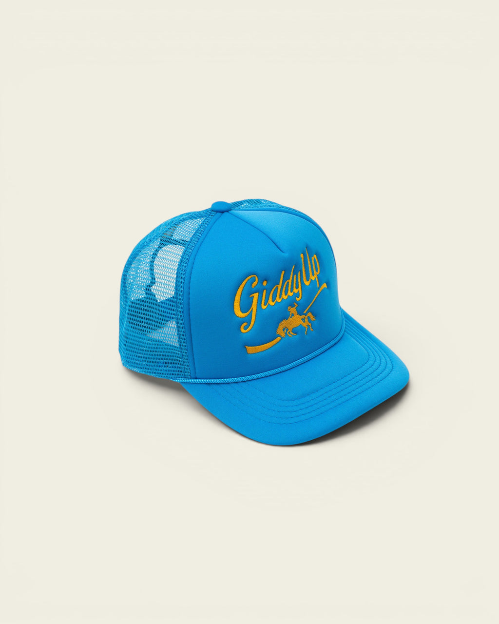 Ayredale Ranch & Co blue trucker hat with yellow 'Giddy Up' embroidery and horse graphic.
