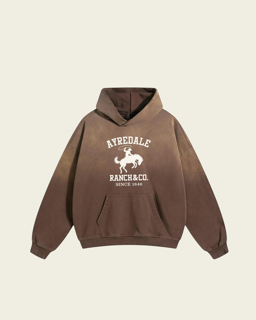 Ayredale Ranch & Co. brown heavyweight fleece hoodie with a sun-faded finish and collegiate graphic on the chest.