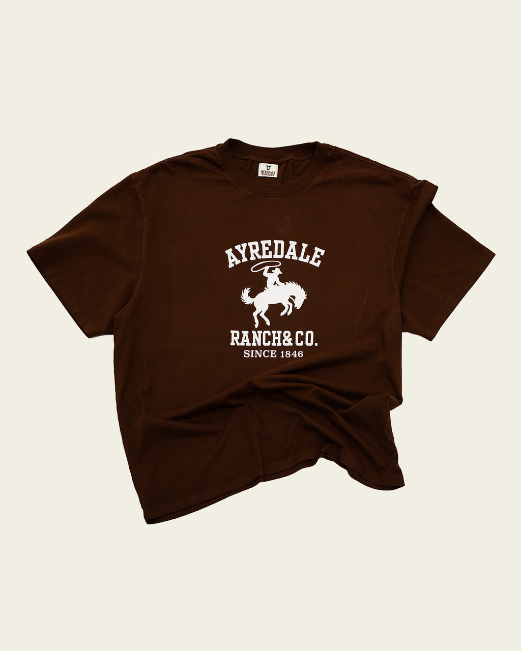 Ayredale Ranch & Co brown cotton t-shirt with white graphic print of a cowboy on a bucking horse