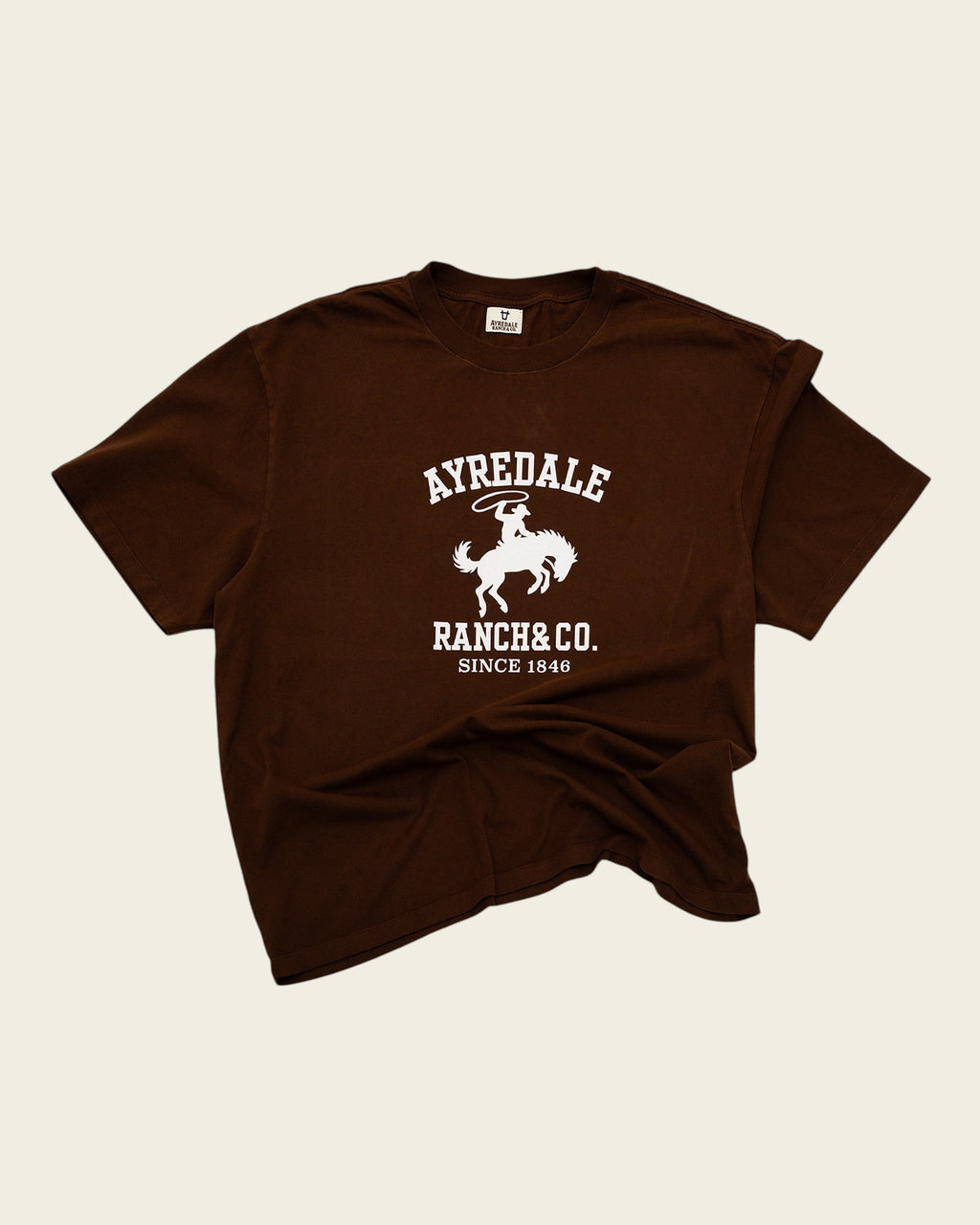 Ayredale Ranch & Co brown cotton t-shirt with white graphic print of a cowboy on a bucking horse
