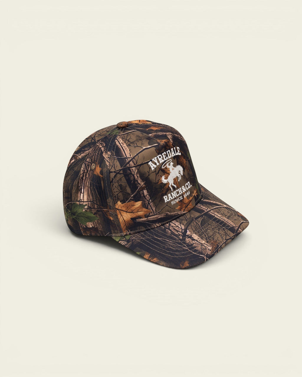 Ayredale Ranch & Co. camouflage baseball cap with embroidered logo and text.
