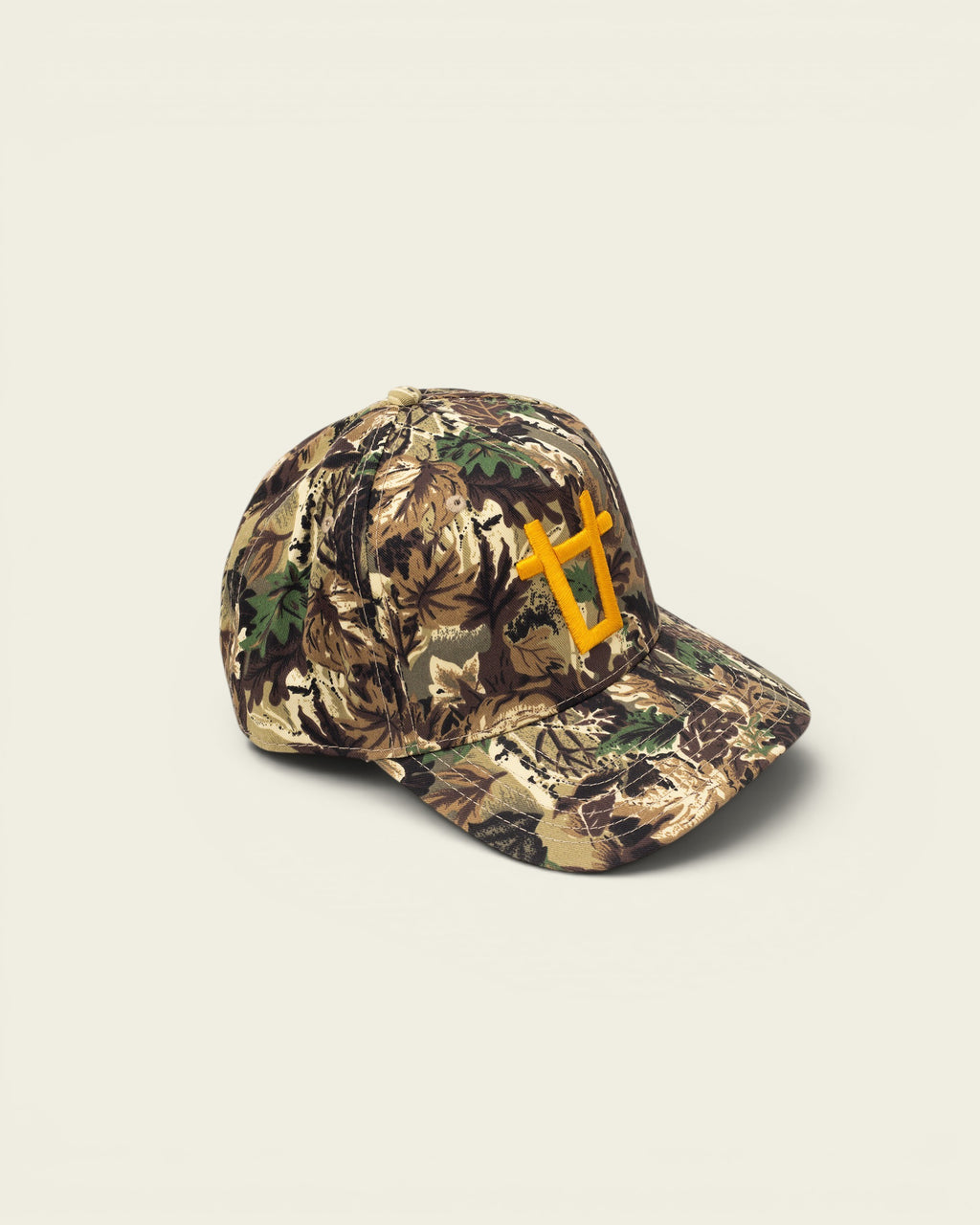 Ayredale Ranch & Co camouflage baseball cap with yellow embroidered bull logo on the front.