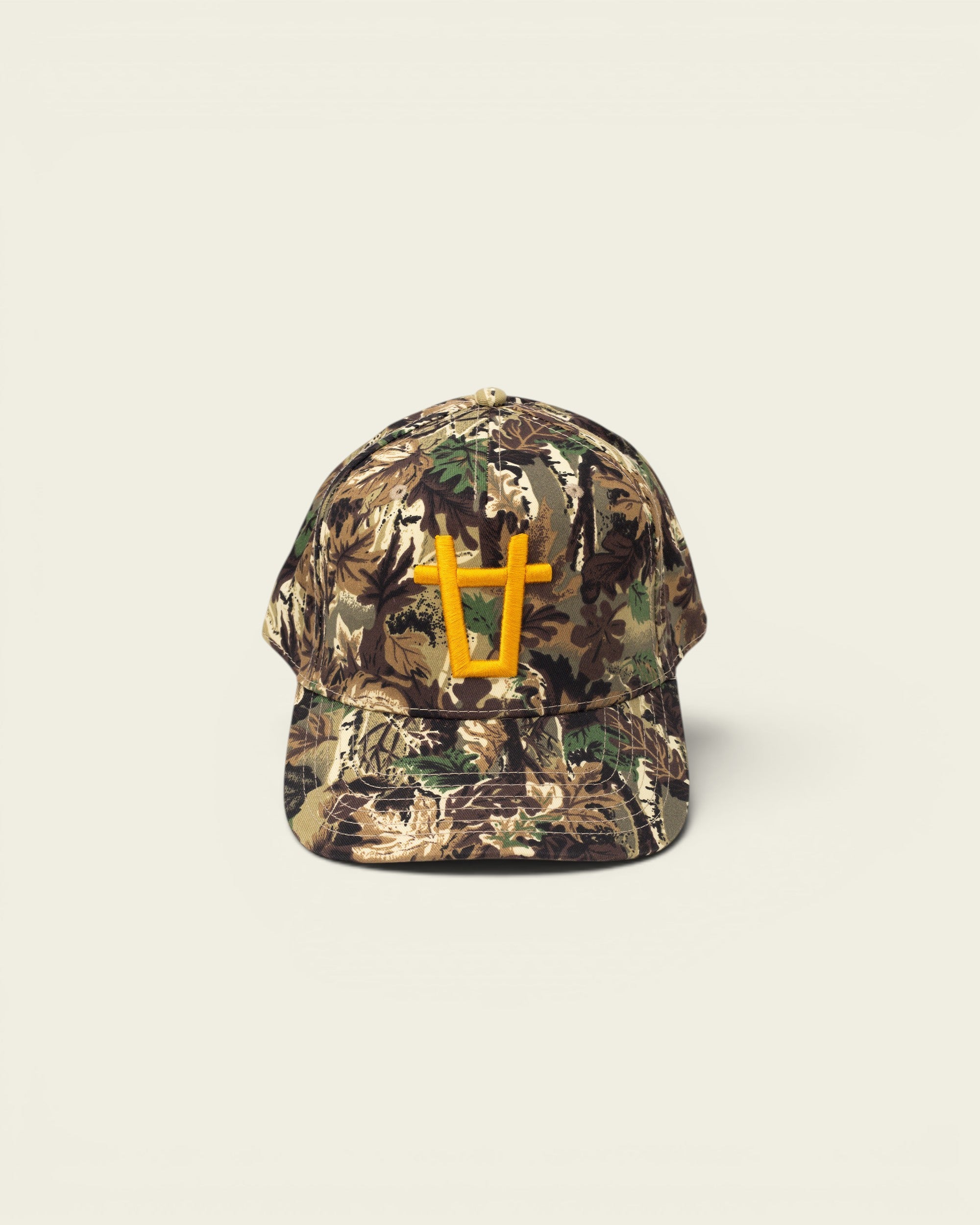Ayredale Ranch & Co camouflage baseball cap with yellow embroidered bull logo on the front.