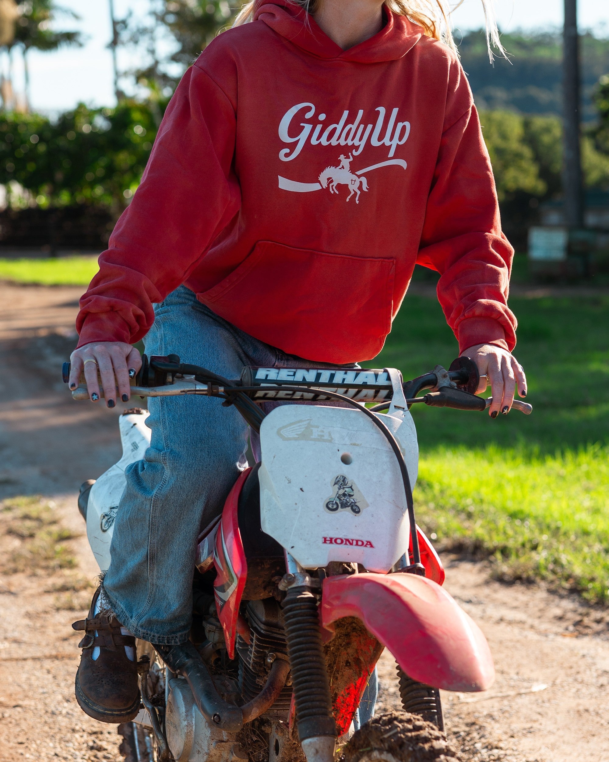 Ayredale Ranch & Co Giddy Up Hoodie in red, heavyweight fleece with oversized fit and kangaroo pocket.