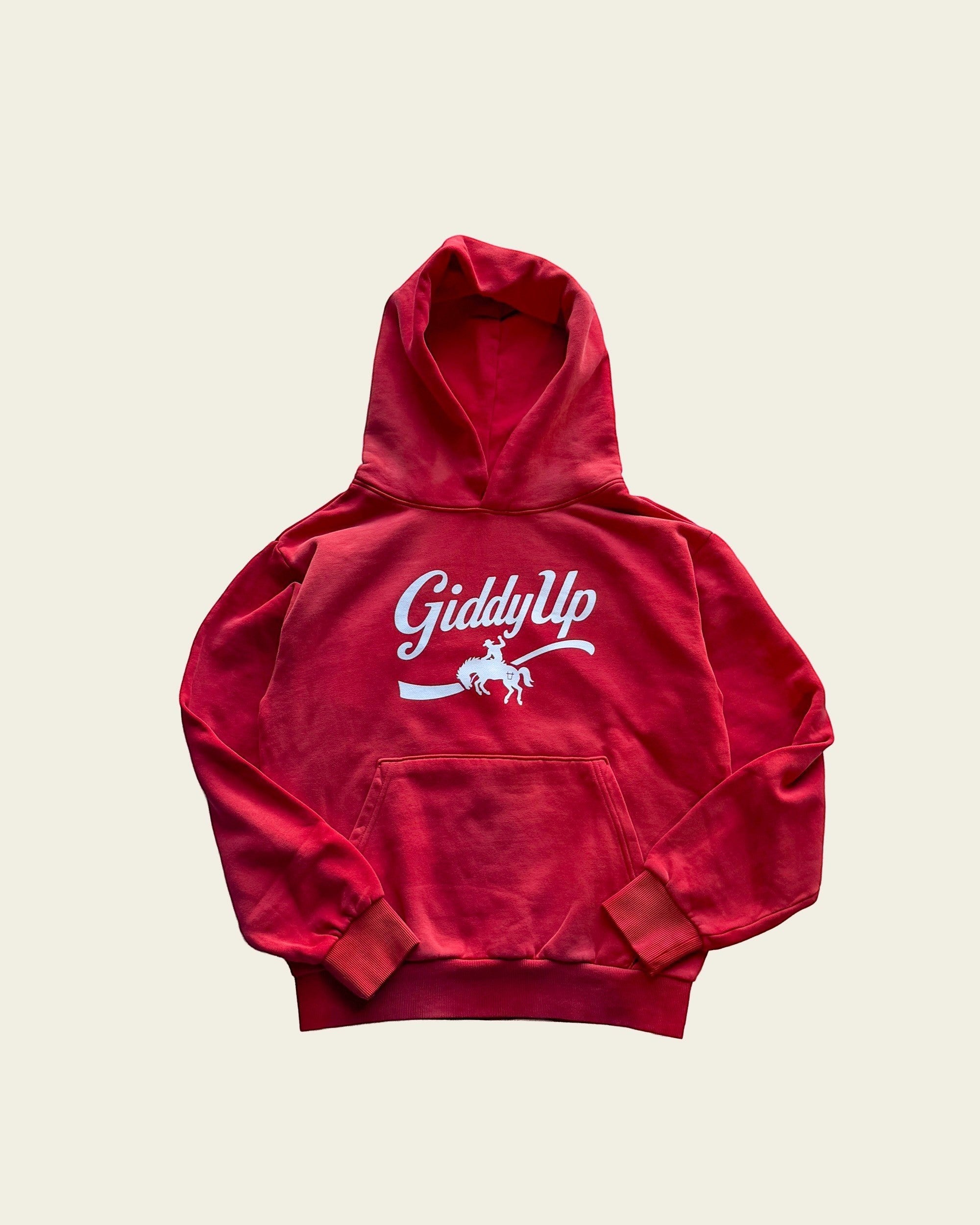 Ayredale Ranch & Co Giddy Up red heavyweight fleece hoodie with white graphic and kangaroo pocket.