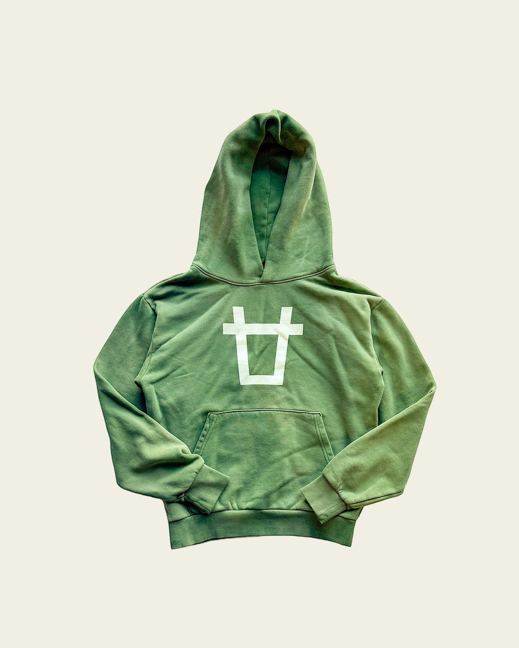 Ayredale Ranch & Co green heavyweight fleece hoodie with oversized white brand mark on chest and kangaroo pocket.