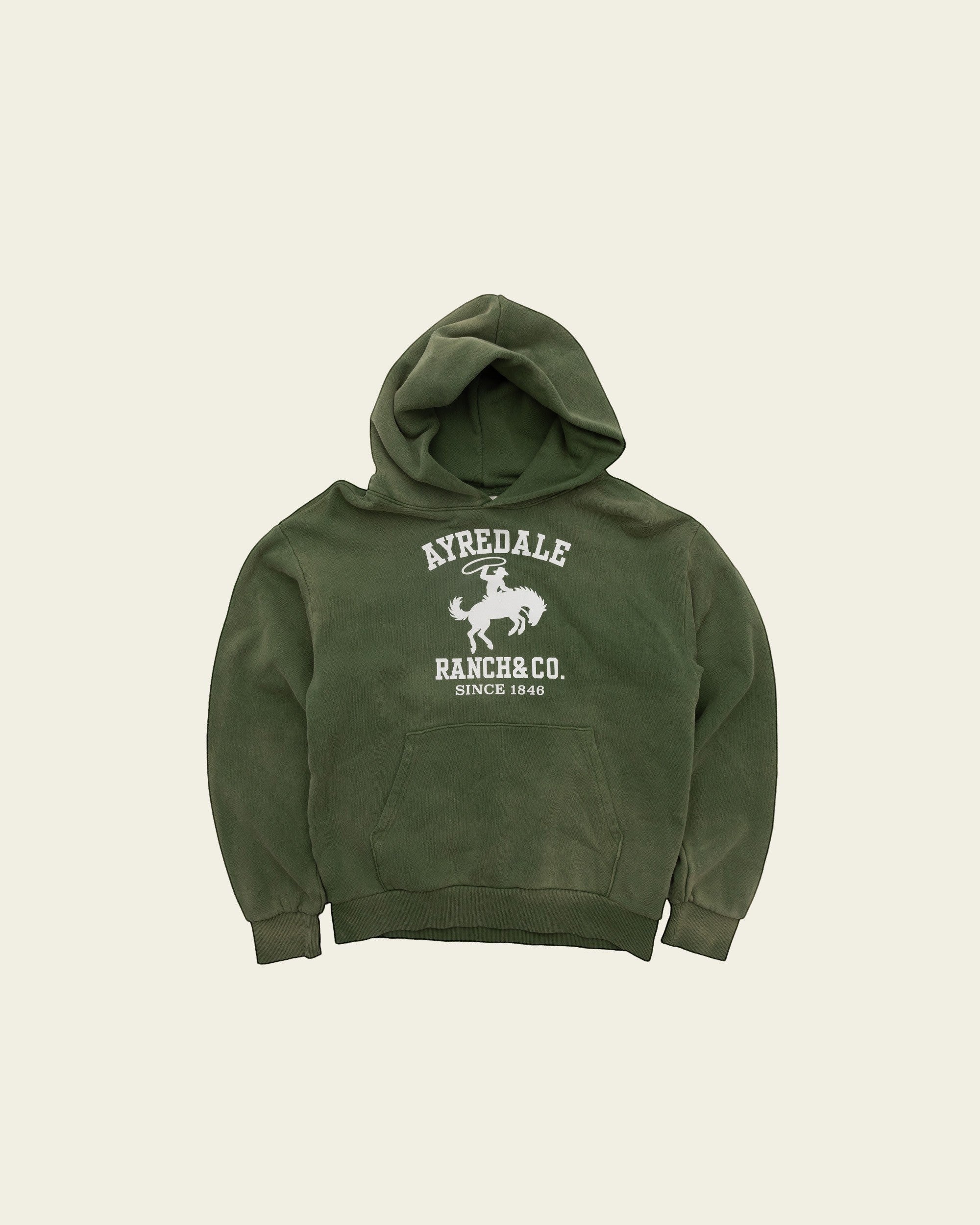 Ayredale Ranch & Co. green heavyweight fleece hoodie with a sun-faded finish and collegiate chest graphic.