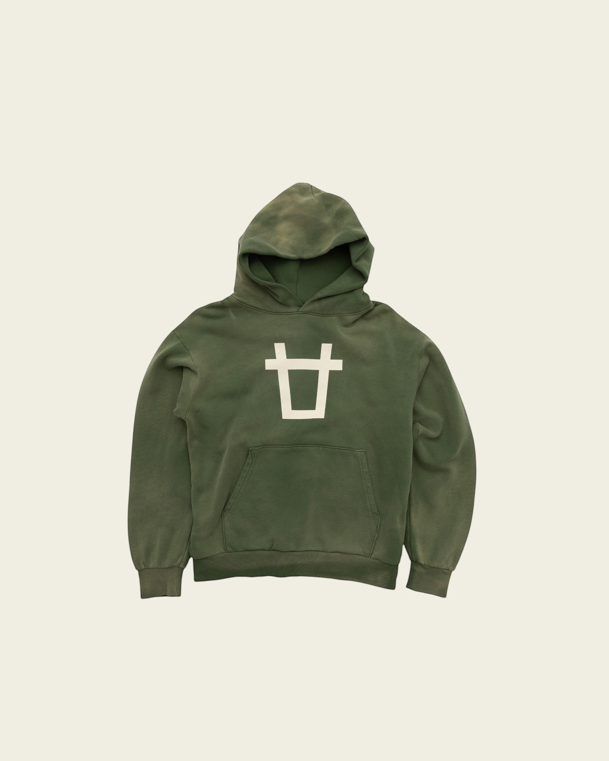 Ayredale Ranch & Co green heavyweight fleece hoodie with an oversized white brand mark on the chest and kangaroo pocket
