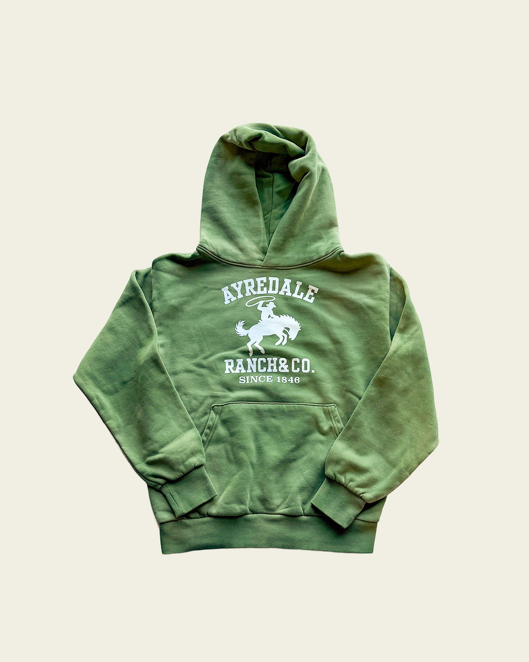 Ayredale Ranch & Co. green heavyweight fleece hoodie with a sun-faded finish and collegiate graphic.