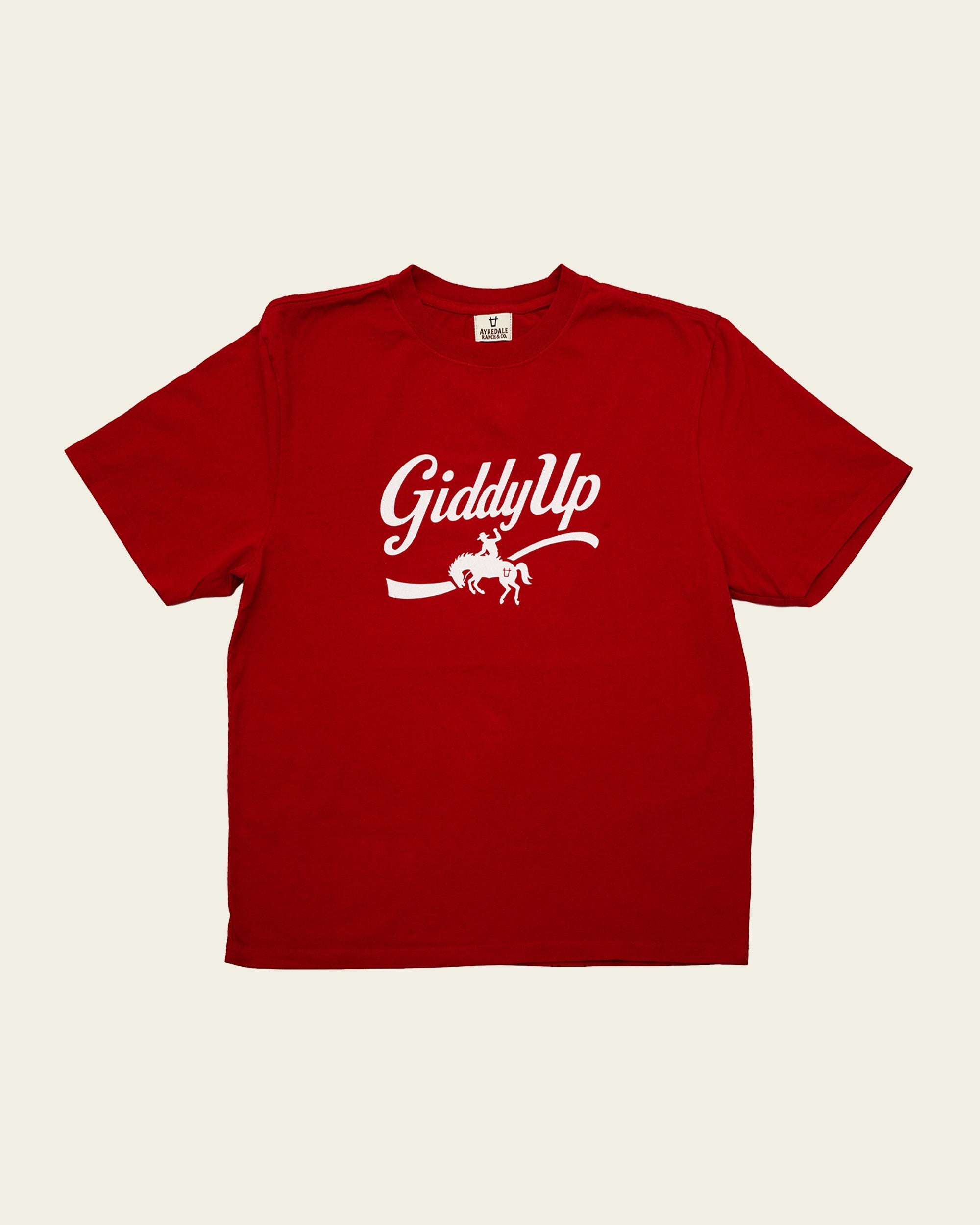 Ayredale Ranch & Co red short-sleeve crew neck t-shirt with white GiddyUp graphic and cowboy logo