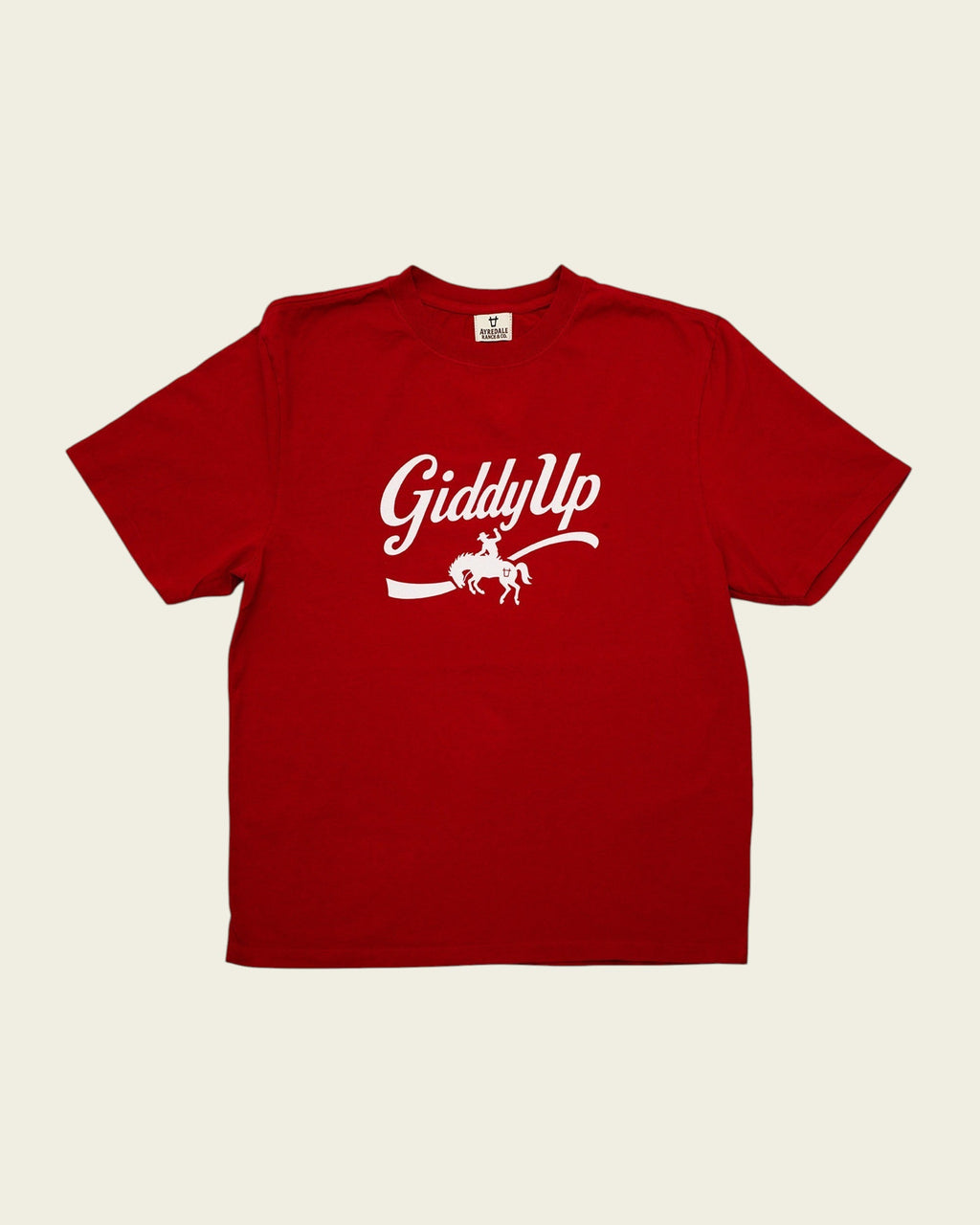 Ayredale Ranch & Co red short-sleeve crew neck t-shirt with white GiddyUp graphic and cowboy logo