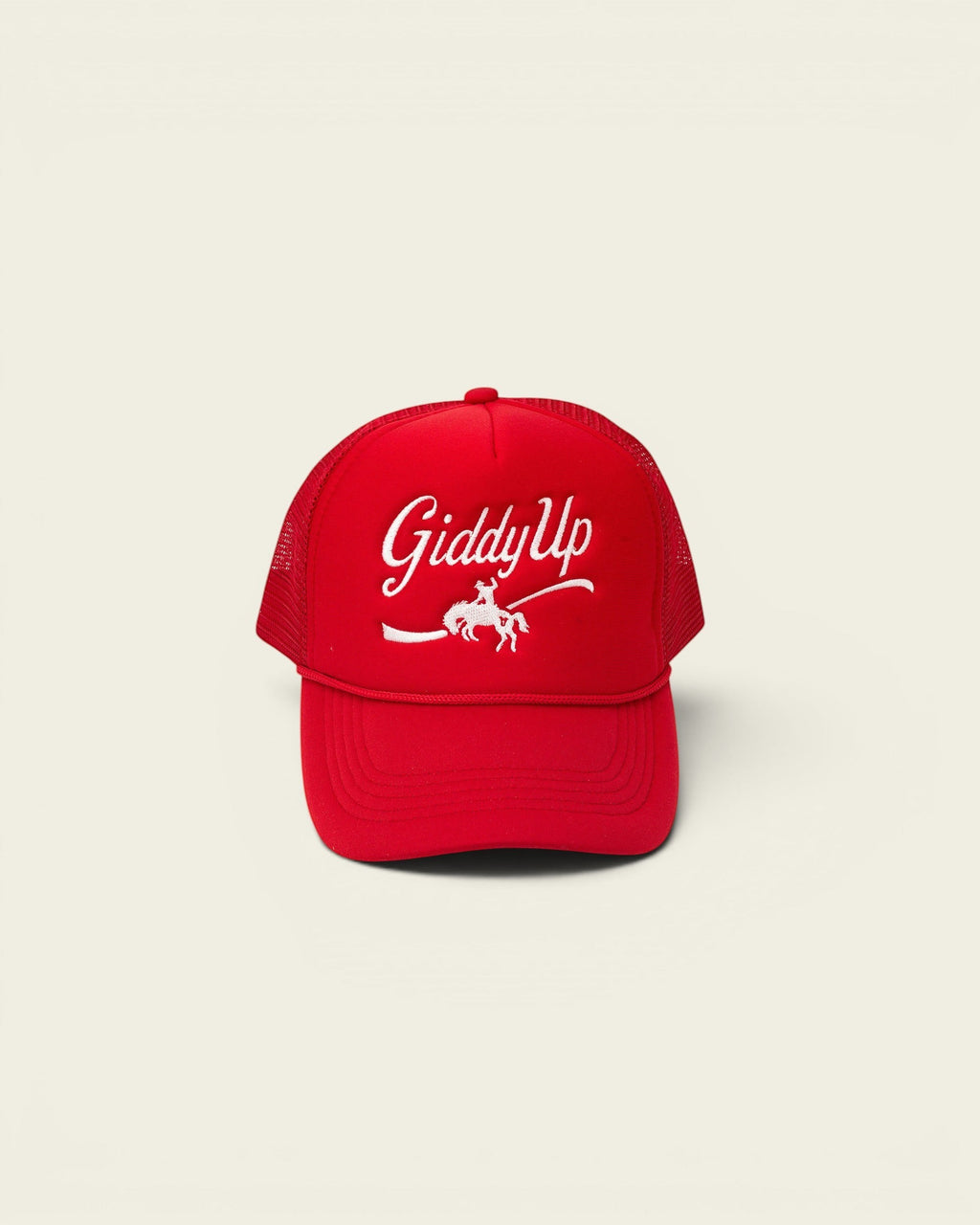 Ayredale Ranch & Co red trucker hat with white "Giddy Up" embroidery and horse graphic.