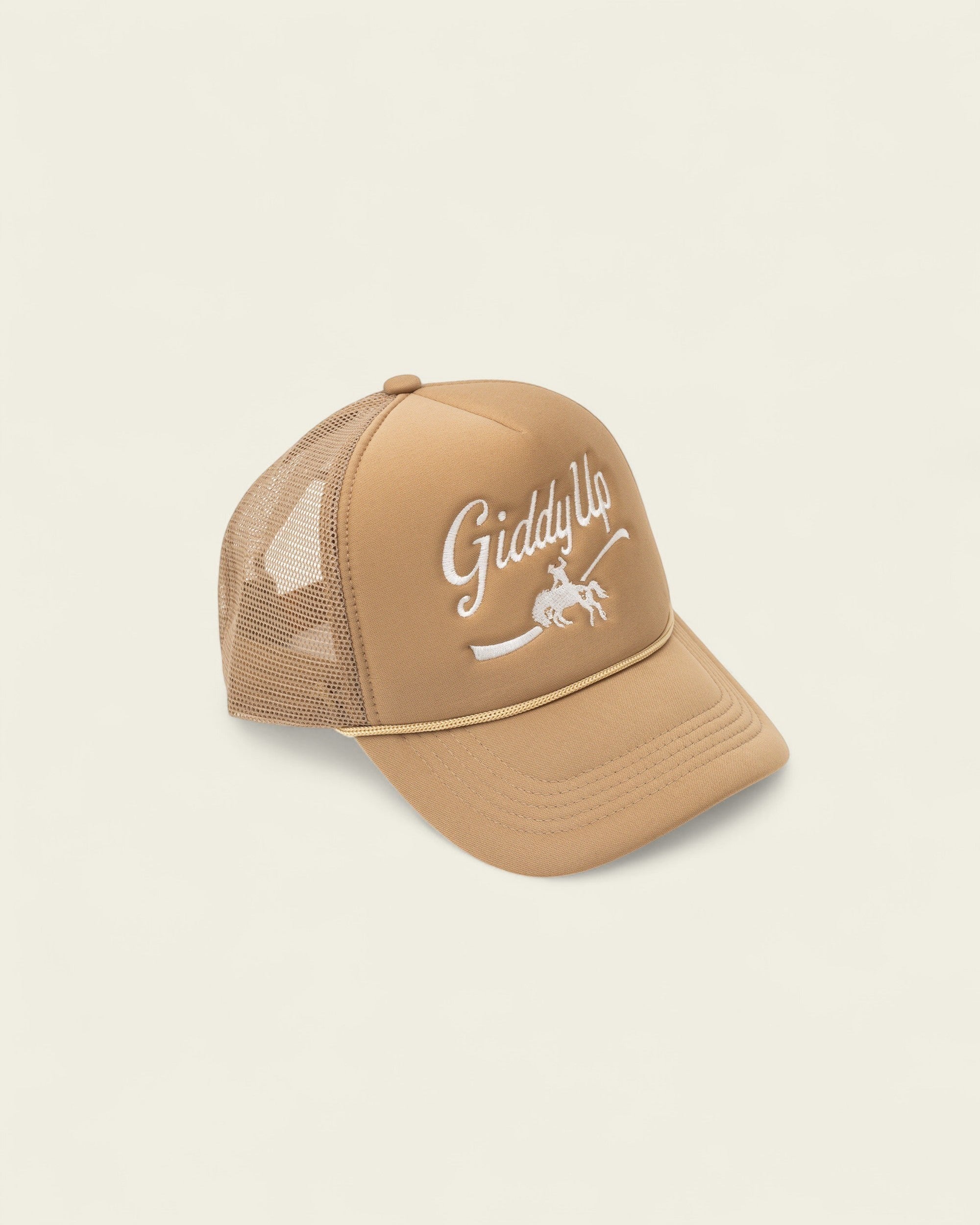 Ayredale Ranch & Co tan trucker hat with embroidered 'Giddy Up' text and a horse rider graphic.
