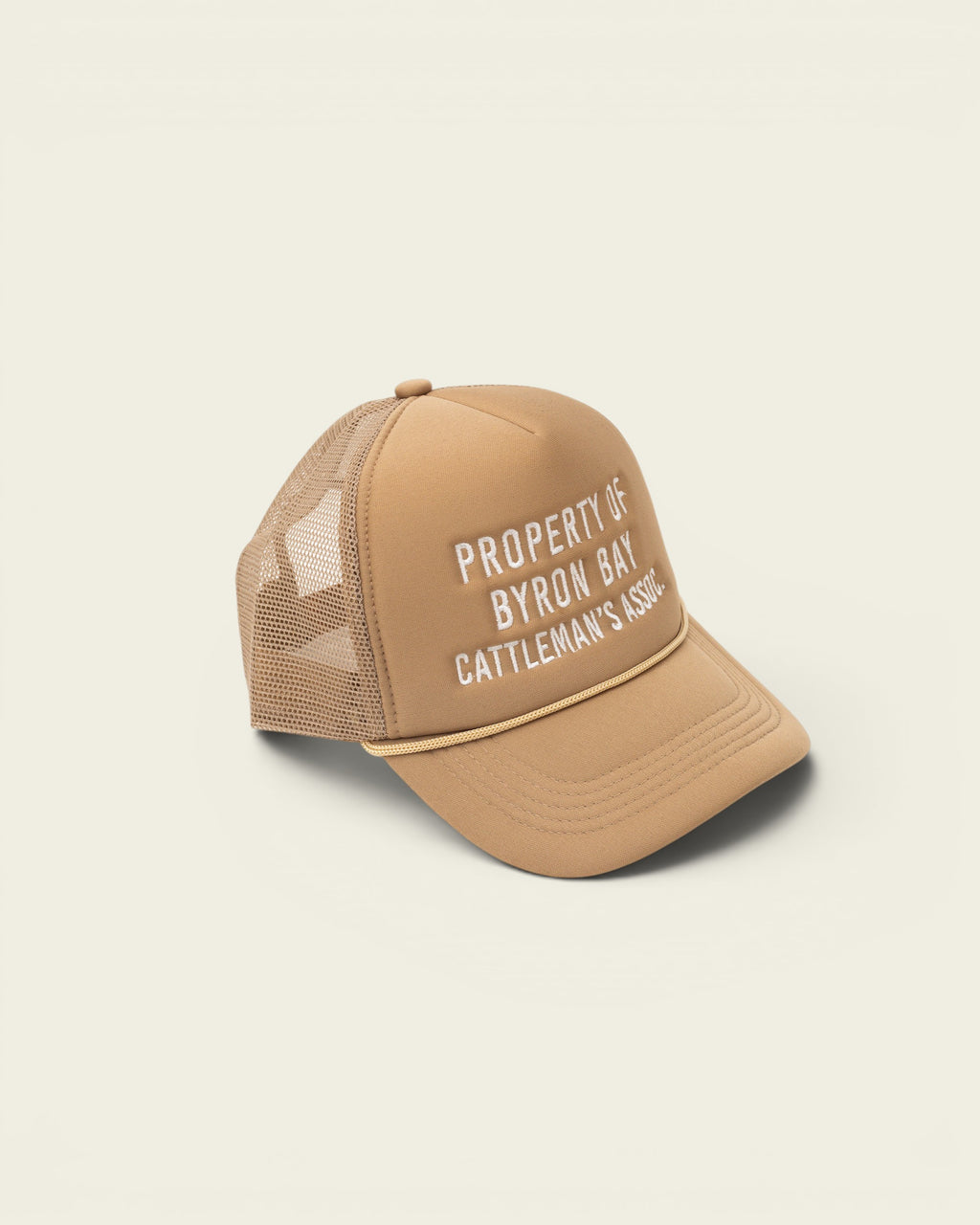 Ayredale Ranch & Co tan trucker hat with white embroidered "Property of Byron Bay Cattleman's Assoc."