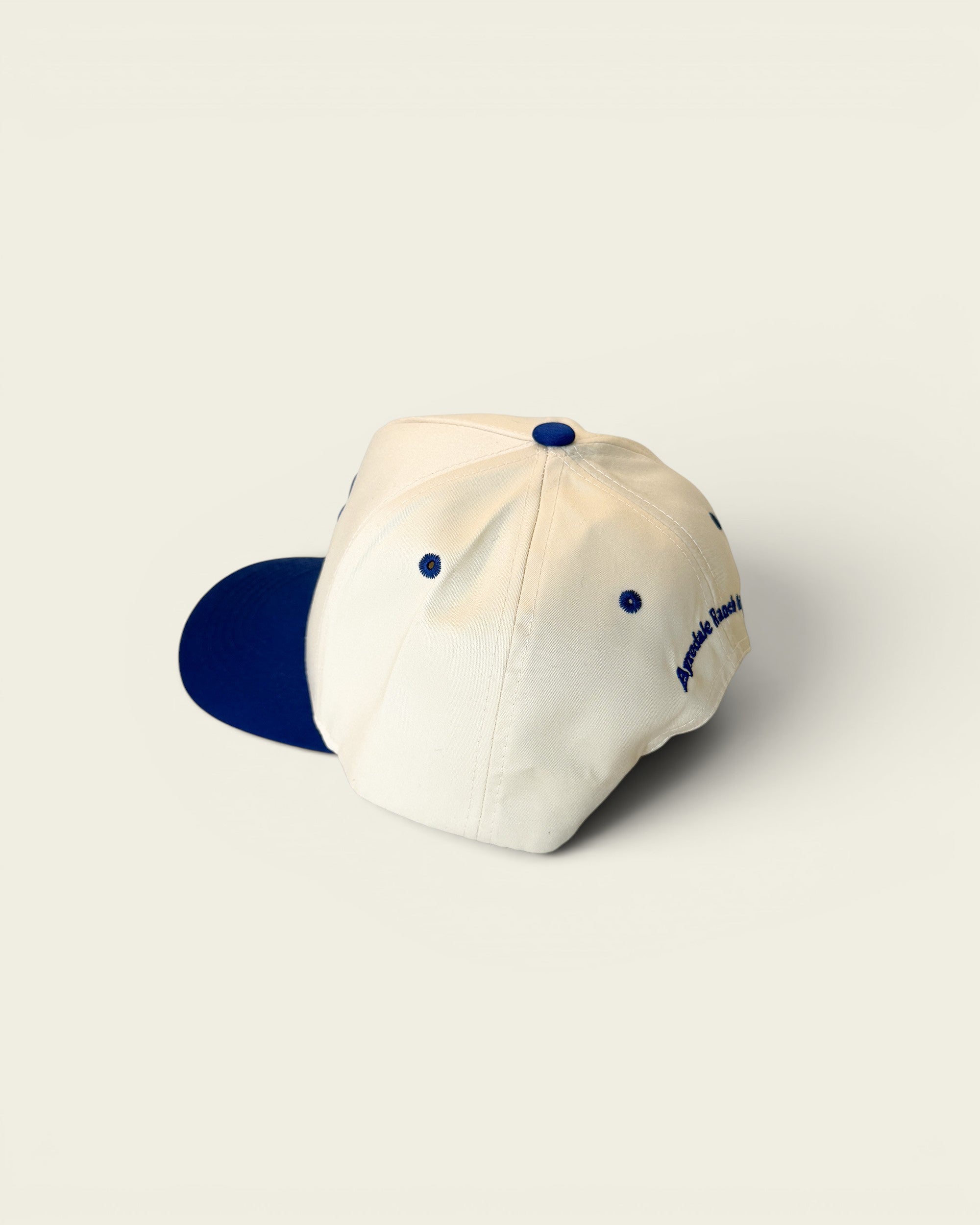 Ayredale Ranch & Co white baseball cap with blue brim, button, and embroidered logo on back.